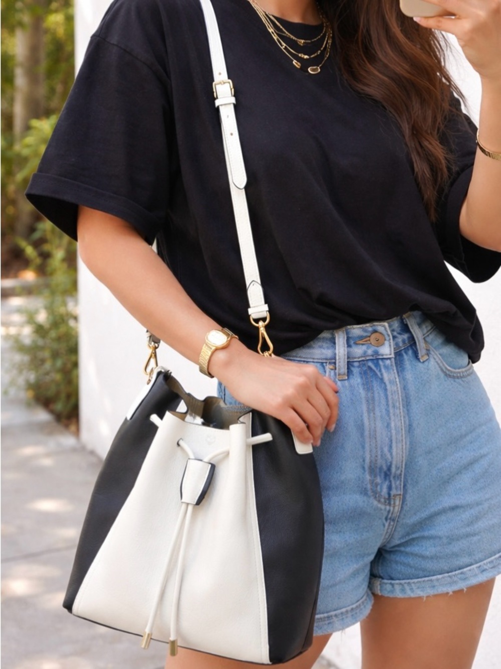 MCM white and Blue Drawstring Bucket Bag